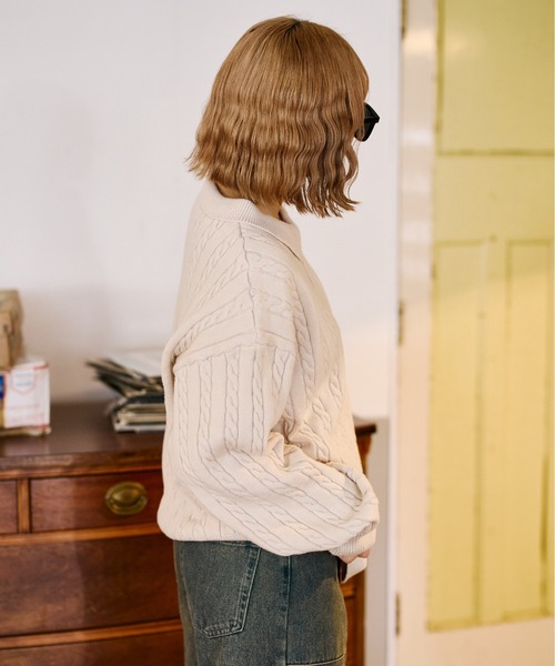 sedacle(セダクル)の「加工ケーブルニットポロ(ニット/セーター・メンズ・アイボリー/ネイビー/ブラウン・SMALL/MEDIUM/LARGE)」の6枚目の写真