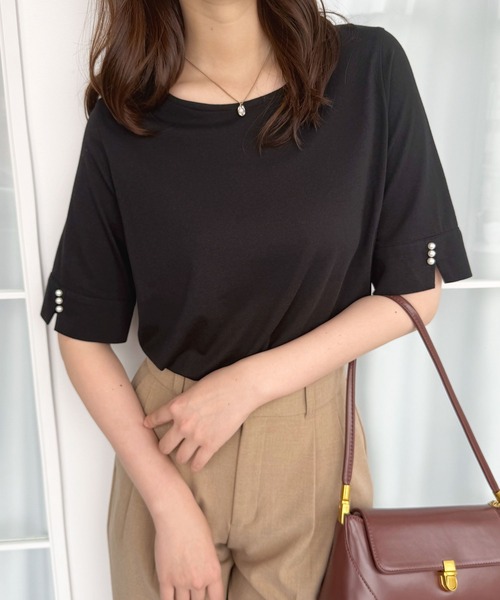 alotta(アロッタ)の「袖口パール調ボタンTシャツ(Tシャツ/カットソー・レディース・ダークラベンダー/ブラック/チャコール/ネイビー/グレイッシュブルー・LL/L/M/3L/5L/4L)」の9枚目の写真
