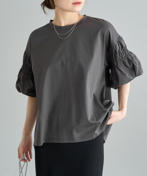 PUAL CE CIN(ピュアルセシン)の「【Du noir】ドライタッチバルーンスリーブT(Tシャツ/カットソー・レディース・チャコールグレー/ブラック/オフホワイト・FREE)」の3枚目の写真
