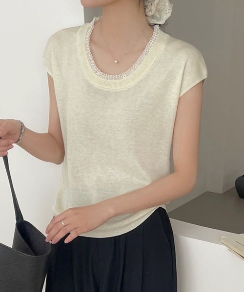 BANICO（バニコ）の「配色クルーネック半袖ニットトップス (SS)（ニット/セーター・レディース・ライトベージュ/ダークグレー/モカ/ブルー・FREE）」の9枚目の写真