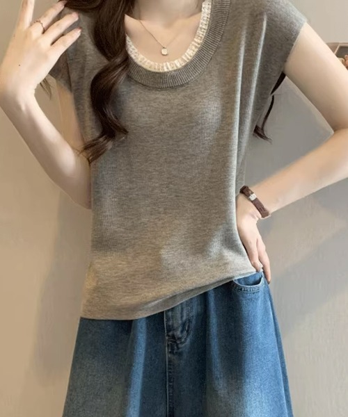 BANICO（バニコ）の「配色クルーネック半袖ニットトップス (SS)（ニット/セーター・レディース・ライトベージュ/ダークグレー/モカ/ブルー・FREE）」の12枚目の写真