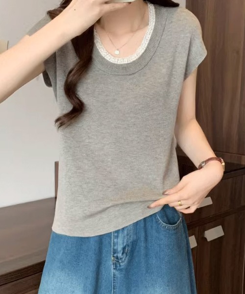 BANICO（バニコ）の「配色クルーネック半袖ニットトップス (SS)（ニット/セーター・レディース・ライトベージュ/ダークグレー/モカ/ブルー・FREE）」の13枚目の写真
