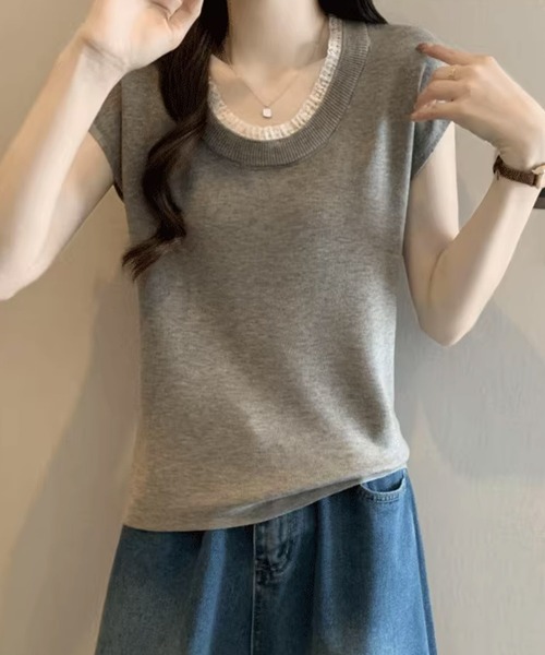 BANICO（バニコ）の「配色クルーネック半袖ニットトップス (SS)（ニット/セーター・レディース・ライトベージュ/ダークグレー/モカ/ブルー・FREE）」の14枚目の写真