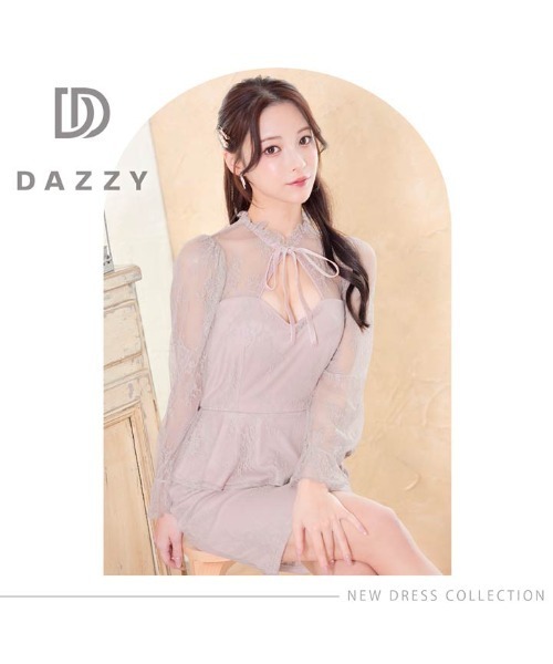 DAZZY(デイジー)の「シアーレースハイネックリボン長袖ペプラムタイトミニドレス(ドレス・レディース・グレー×ピンク・L/S/M)」の12枚目の写真