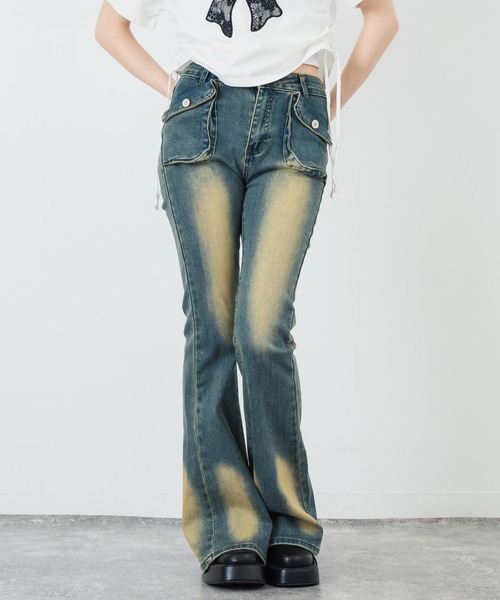 Annaです ウォッシュデザインストレッチデニムフレアパンツ（デニムパンツ