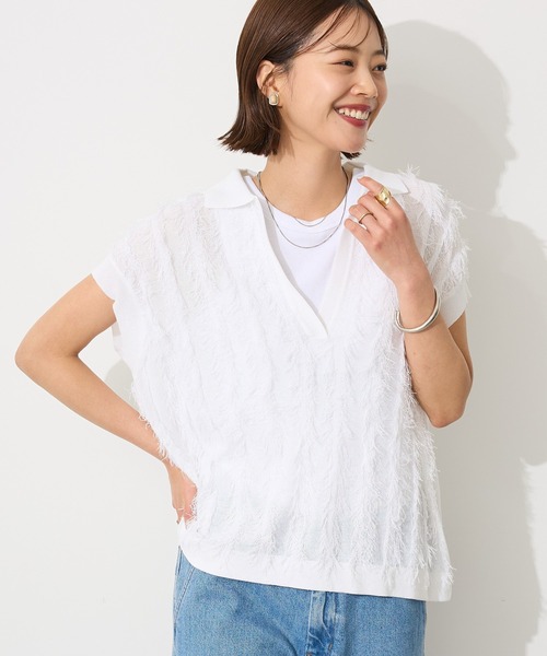 CRAFT STANDARD BOUTIQUE（クラフトスタンダードブティック）の「洗える/シアーフリンジスキッパーニットプルオーバー◆（ニット/セーター・レディース・チャコールグレー/ホワイト・FREE）」の2枚目の写真