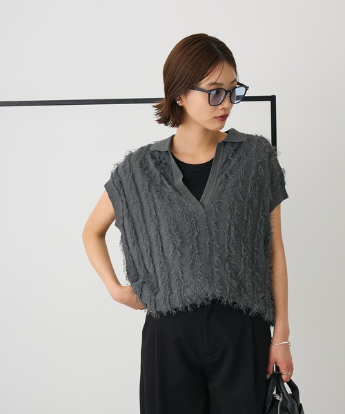 CRAFT STANDARD BOUTIQUE（クラフトスタンダードブティック）の「洗える/シアーフリンジスキッパーニットプルオーバー◆（ニット/セーター・レディース・チャコールグレー/ホワイト・FREE）」の6枚目の写真