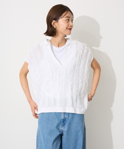 CRAFT STANDARD BOUTIQUE（クラフトスタンダードブティック）の「洗える/シアーフリンジスキッパーニットプルオーバー◆（ニット/セーター・レディース・チャコールグレー/ホワイト・FREE）」の8枚目の写真