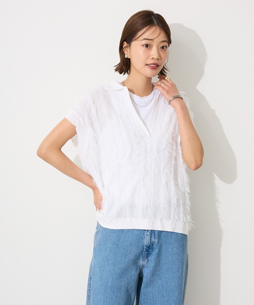 CRAFT STANDARD BOUTIQUE（クラフトスタンダードブティック）の「洗える/シアーフリンジスキッパーニットプルオーバー◆（ニット/セーター・レディース・チャコールグレー/ホワイト・FREE）」の7枚目の写真