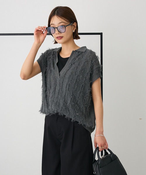 CRAFT STANDARD BOUTIQUE（クラフトスタンダードブティック）の「洗える/シアーフリンジスキッパーニットプルオーバー◆（ニット/セーター・レディース・チャコールグレー/ホワイト・FREE）」の16枚目の写真