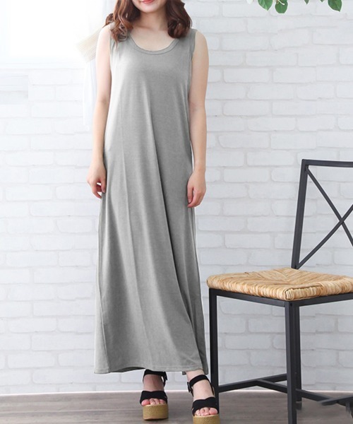 Coo+i（クーイ）の「1枚で楽ちんマキシ丈ノースリーブワンピース（ワンピース・レディース・ブルー/ブラック/チャコールグレー/グレー/カーキ/ブラック×ホワイト/ブラック×グレー/モカ・M/L/XL）」の5枚目の写真