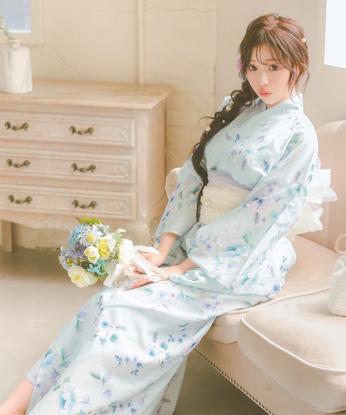 浴衣 ワンピース 2way セパレート ベビーブルー ニュアンスフラワー ゆかた3点セット ゆかた羽織 ワンピース 兵児帯 かわいい キャミワンピース