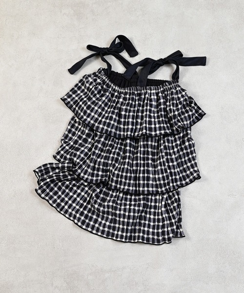 MARKEY'S（マーキーズ）の「ギンガムプリーツティアードワンピース（ワンピース・キッズ・ブラック系その他/グリーン系その他/ベージュ系その他・LL/L/M/S）」の2枚目の写真