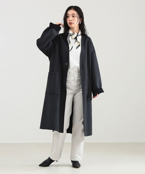 ビームスの百名品】リバー Vネック ロングコート（ノーカラーコート