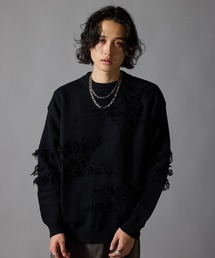 Fringe Design Distressed Crew Neck Sweater / フリンジデザイン ダメージ加工 クルーネックニットセーター 秋 秋服メンズ 2026年秋冬 冬服