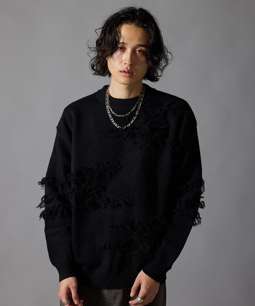 Theater code(シアターコード)の「Fringe Design Distressed Crew Neck Sweater / フリンジデザイン ダメージ加工 クルーネックニットセーター 秋 秋服メンズ 2026年秋冬 冬服(ニット/セーター・メンズ・ホワイト/ブラック・L/M)」の2枚目の写真