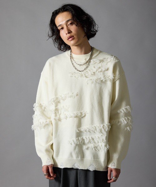 Theater code(シアターコード)の「Fringe Design Distressed Crew Neck Sweater / フリンジデザイン ダメージ加工 クルーネックニットセーター 秋 秋服メンズ 2026年秋冬 冬服(ニット/セーター・メンズ・ホワイト/ブラック・L/M)」の11枚目の写真