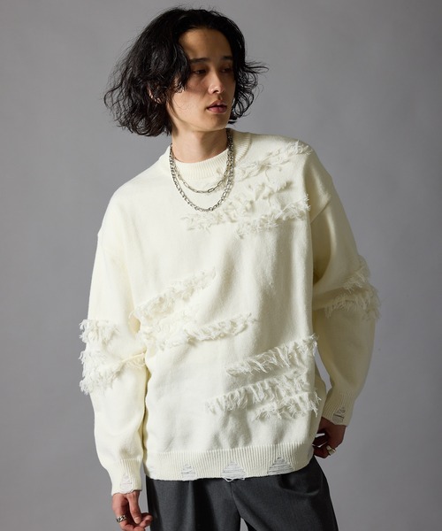 Theater code(シアターコード)の「Fringe Design Distressed Crew Neck Sweater / フリンジデザイン ダメージ加工 クルーネックニットセーター 秋 秋服メンズ 2026年秋冬 冬服(ニット/セーター・メンズ・ホワイト/ブラック・L/M)」の12枚目の写真