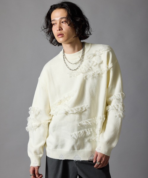 Theater code(シアターコード)の「Fringe Design Distressed Crew Neck Sweater / フリンジデザイン ダメージ加工 クルーネックニットセーター 秋 秋服メンズ 2026年秋冬 冬服(ニット/セーター・メンズ・ホワイト/ブラック・L/M)」の13枚目の写真