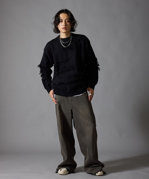 Theater code(シアターコード)の「Fringe Design Distressed Crew Neck Sweater / フリンジデザイン ダメージ加工 クルーネックニットセーター 秋 秋服メンズ 2026年秋冬 冬服(ニット/セーター・メンズ・ホワイト/ブラック・L/M)」の15枚目の写真