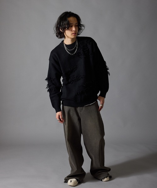 Theater code(シアターコード)の「Fringe Design Distressed Crew Neck Sweater / フリンジデザイン ダメージ加工 クルーネックニットセーター 秋 秋服メンズ 2026年秋冬 冬服(ニット/セーター・メンズ・ホワイト/ブラック・L/M)」の17枚目の写真