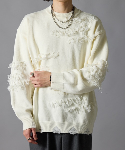 Theater code(シアターコード)の「Fringe Design Distressed Crew Neck Sweater / フリンジデザイン ダメージ加工 クルーネックニットセーター 秋 秋服メンズ 2026年秋冬 冬服(ニット/セーター・メンズ・ホワイト/ブラック・L/M)」の10枚目の写真