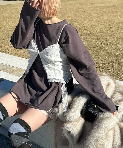 Alley Tokyo（アリートーキョー）の「ダメージBIGロンT（Tシャツ/カットソー・レディース・オフホワイト/スミクロ/ピンク・FREE）」の2枚目の写真