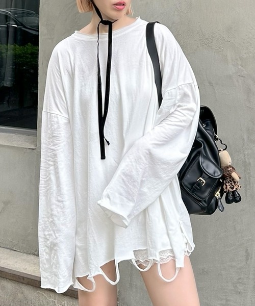 Alley Tokyo（アリートーキョー）の「ダメージBIGロンT（Tシャツ/カットソー・レディース・オフホワイト/スミクロ/ピンク・FREE）」の20枚目の写真