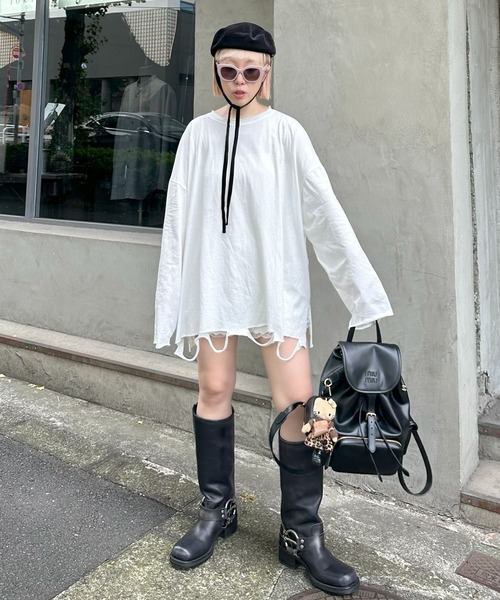 Alley Tokyo（アリートーキョー）の「ダメージBIGロンT（Tシャツ/カットソー・レディース・オフホワイト/スミクロ/ピンク・FREE）」の12枚目の写真