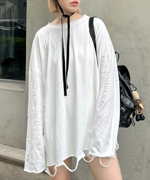 Alley Tokyo（アリートーキョー）の「ダメージBIGロンT（Tシャツ/カットソー・レディース・オフホワイト/スミクロ/ピンク・FREE）」の14枚目の写真