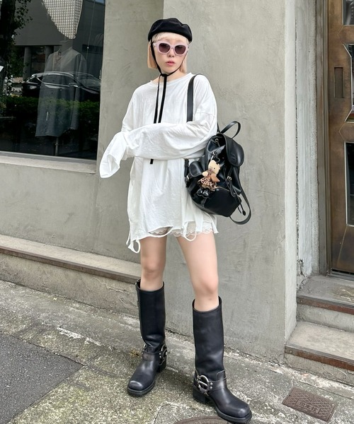 Alley Tokyo（アリートーキョー）の「ダメージBIGロンT（Tシャツ/カットソー・レディース・オフホワイト/スミクロ/ピンク・FREE）」の7枚目の写真