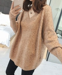 ベージュ オーバーサイズ ニットセーター 大特価】ベージュxブラウン ケーブル編み Vネック オーバーサイズ