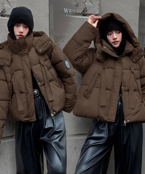 セール】フード付き フロントテープデザイン エコダウンジャケット