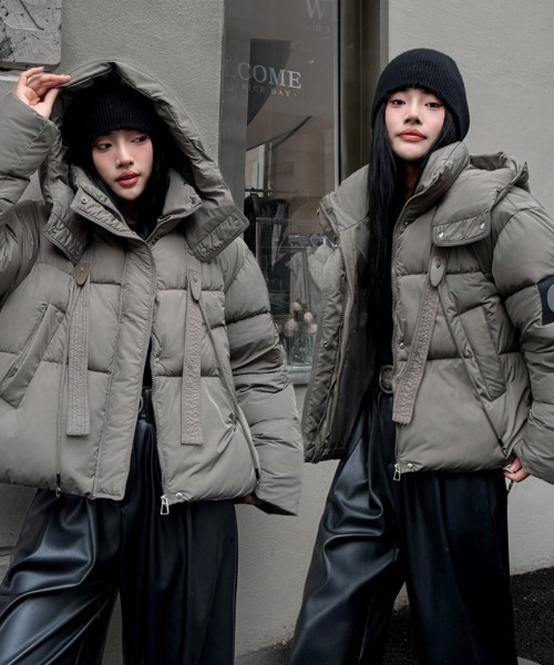セール】フード付き フロントテープデザイン エコダウンジャケット