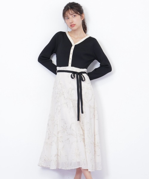 ⭐️SALE⭐️【ヴィンテージ】 刺繍 ワンピース 白 黒 ◇モール刺繍ドッキングニットワンピース（ワンピース）｜JILL by JILL