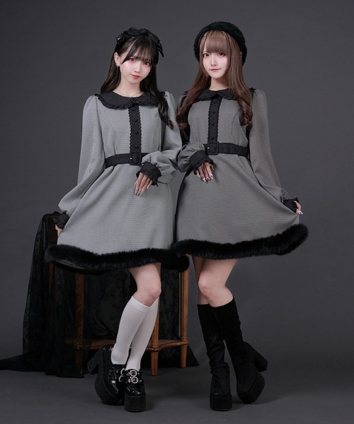 セール】ファー付き千鳥チェックワンピース（ワンピース）｜Pal elfy