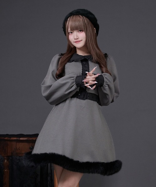 セール】ファー付き千鳥チェックワンピース（ワンピース）｜Pal elfy