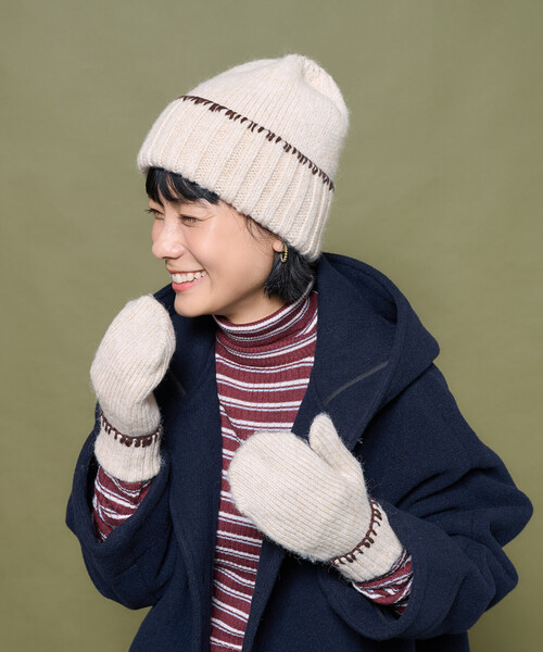 セール】配色 ブランケットステッチ ニットキャップ（ニットキャップ