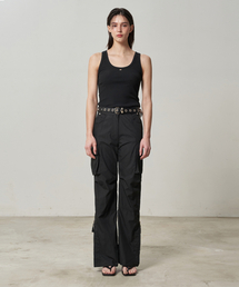 Side Zipper Cargo Bootcut Pants Black