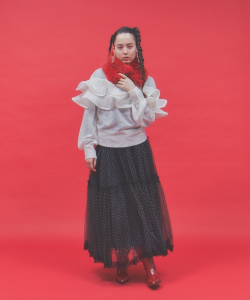 manana suerte（マニャーナスエルテ）の「モヘアライクラッフルニット（ニット/セーター・レディース・ブラック/ホワイト/レッド・FREE）」の11枚目の写真