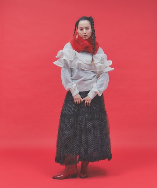 manana suerte（マニャーナスエルテ）の「モヘアライクラッフルニット（ニット/セーター・レディース・ブラック/ホワイト/レッド・FREE）」の12枚目の写真