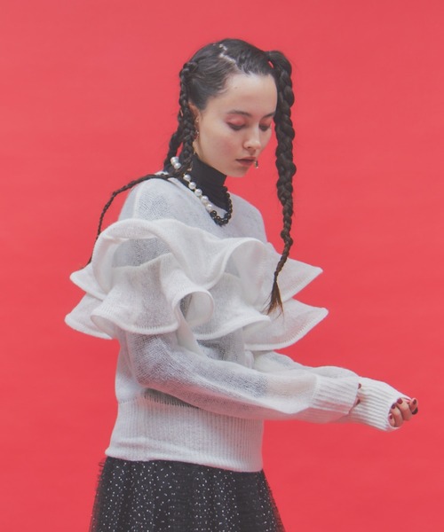 manana suerte（マニャーナスエルテ）の「モヘアライクラッフルニット（ニット/セーター・レディース・ブラック/ホワイト/レッド・FREE）」の8枚目の写真