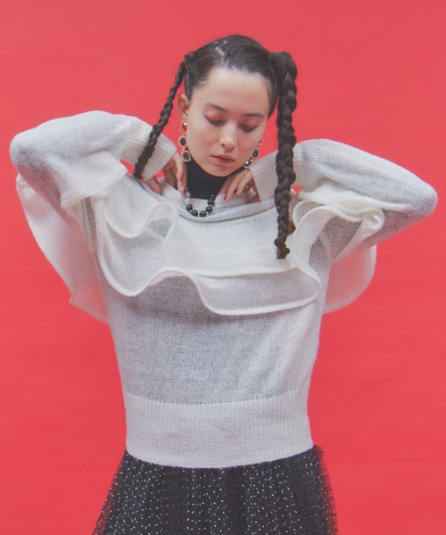 manana suerte（マニャーナスエルテ）の「モヘアライクラッフルニット（ニット/セーター・レディース・ブラック/ホワイト/レッド・FREE）」の9枚目の写真