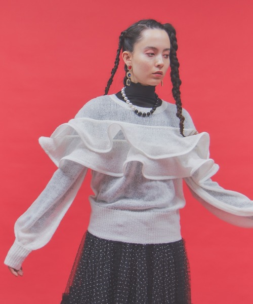 manana suerte（マニャーナスエルテ）の「モヘアライクラッフルニット（ニット/セーター・レディース・ブラック/ホワイト/レッド・FREE）」の10枚目の写真