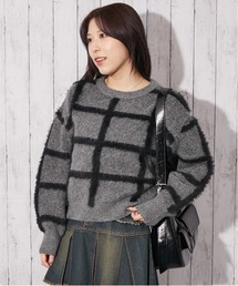 《ふわシャギーライン》レディース チェック柄 ニット セーター ゆるシルエット 秋冬