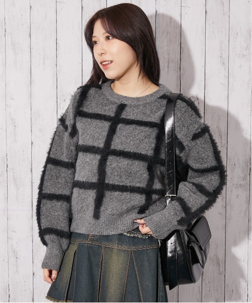 GORGE(ゴージ)の「《ふわシャギーライン》レディース チェック柄 ニット セーター ゆるシルエット 秋冬(ニット/セーター・レディース・オフホワイト/グレー/ベージュ・F)」の2枚目の写真