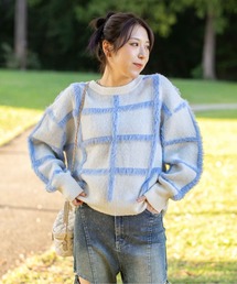 《ふわシャギーライン》レディース チェック柄 ニット セーター ゆるシルエット 秋冬