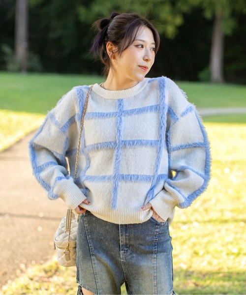 GORGE(ゴージ)の「《ふわシャギーライン》レディース チェック柄 ニット セーター ゆるシルエット 秋冬(ニット/セーター・レディース・オフホワイト/グレー/ベージュ・F)」の1枚目の写真