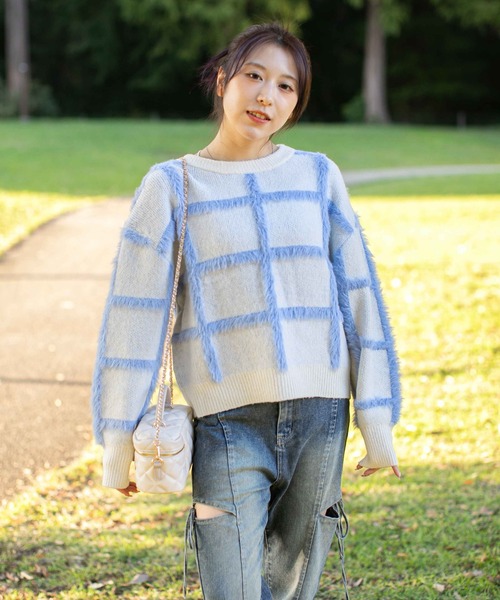 GORGE(ゴージ)の「《ふわシャギーライン》レディース チェック柄 ニット セーター ゆるシルエット 秋冬(ニット/セーター・レディース・オフホワイト/グレー/ベージュ・F)」の12枚目の写真