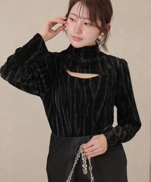 ベロア ニュアンス ストライプ オープンカット トップス